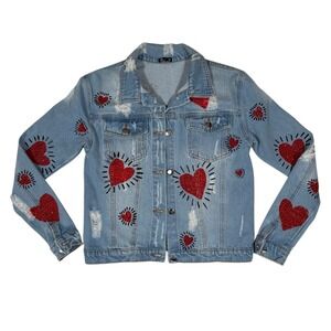 One-Of-A-Kind Distressed Denim Jacket Red Beaded Hearts Light Wash